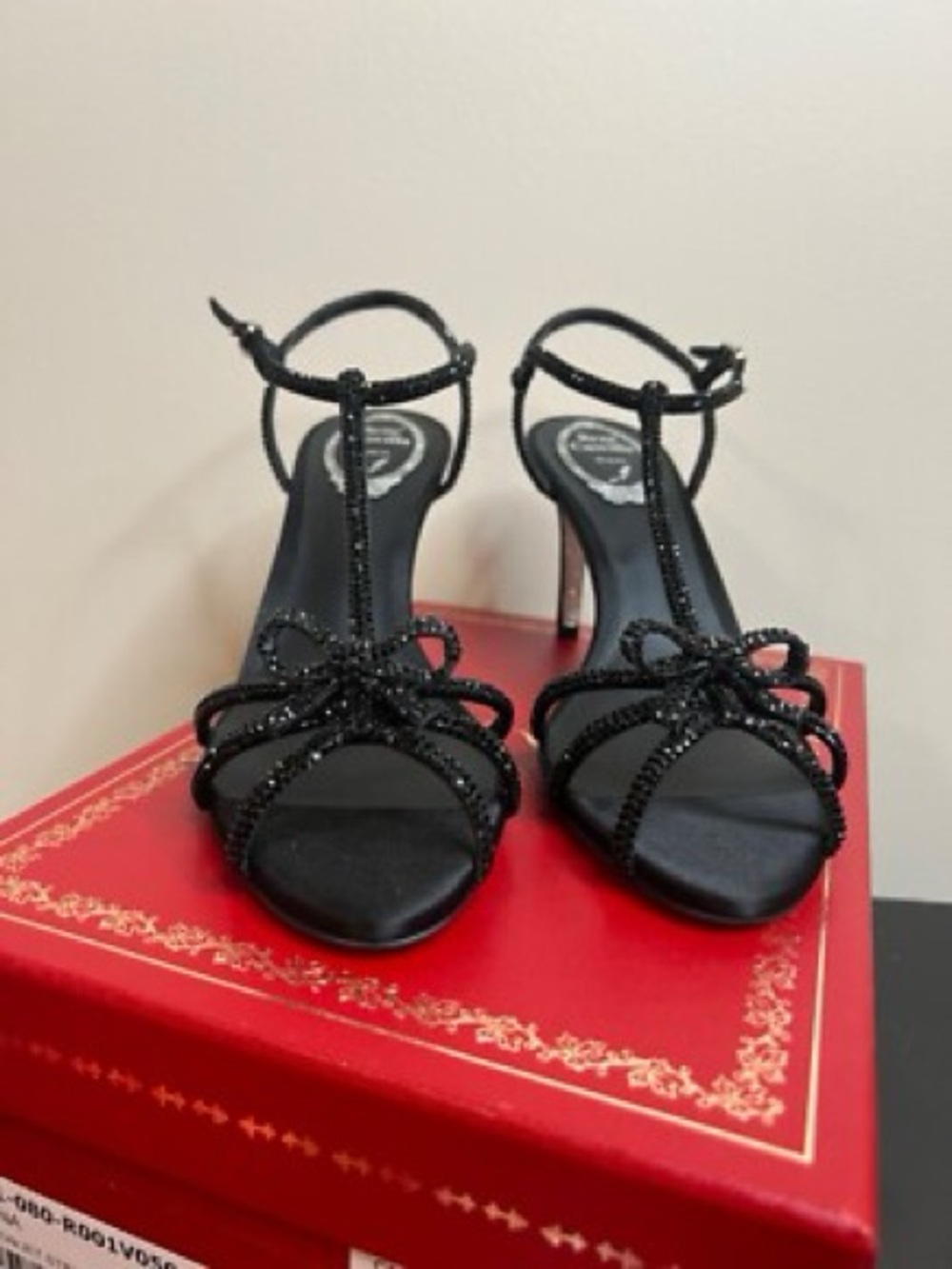 Rene Caovilla Black Crystal Embellished T-Strap Sandal Heels